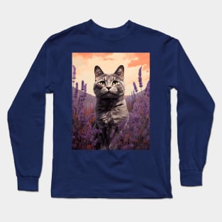 Feline Garden Delight: Retro Vintage Cat Lavender Florals Long Sleeve T-Shirt